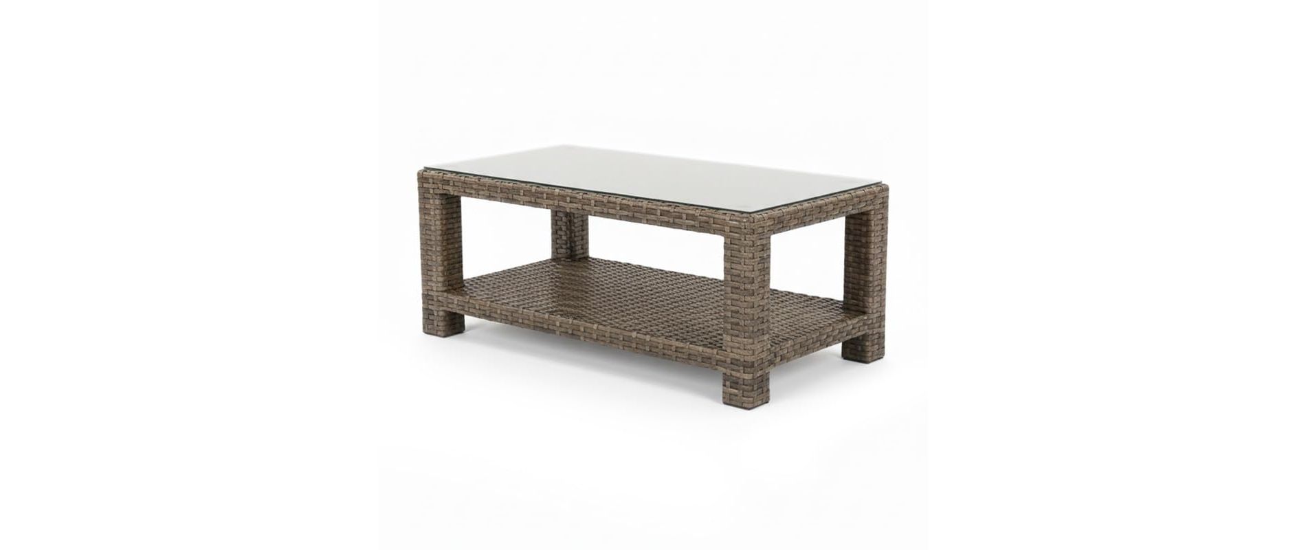 Covers & All Viewport 44 in L Modern Coffee Table, Driftwood Wicker w / Glass Top