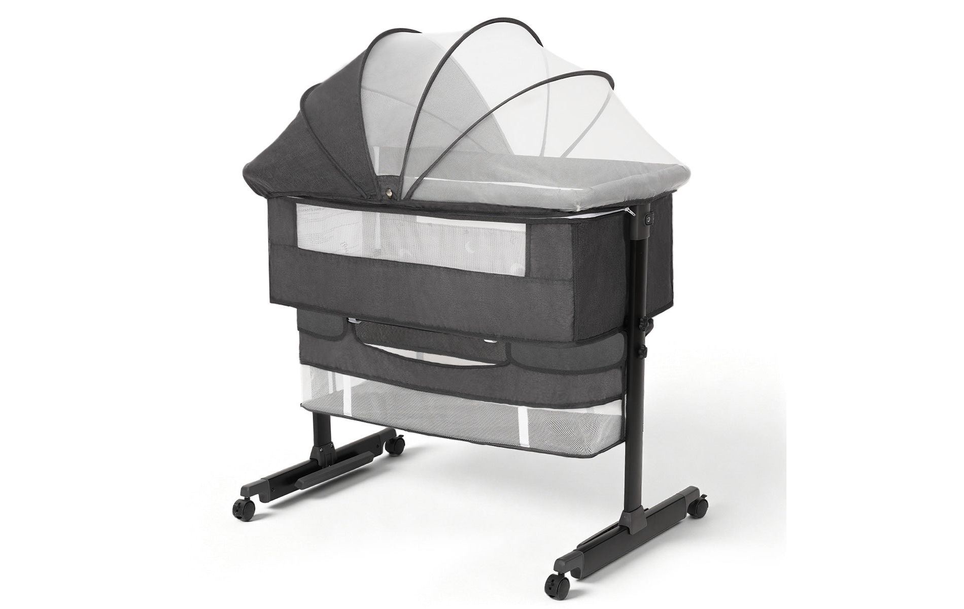 Baby Bassinet Bedside Crib with Adjustable Height, Breathable Mesh Sides, Wheels and Storage Basket