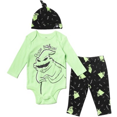 Image of Disney Nightmare Before Christmas Oogie Boogie Infant Baby Boys 3 Piece Outfit Set: Cuddly Bodysuit Pants Hat green / black 18 Months