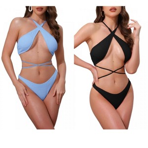 INSPIRE CHIC Women's Criss Cross Backless Ribbed Strappy Top Triangle Bottom Swimwear Bikini Suits 2 Sets - 1 of 4