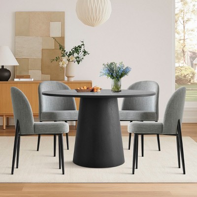 5-Piece Modern Black Dining Table Set, 46" Round Pedestal Table and 4 Upholstered Linen Chairs for Kitchen or Small Spaces-Maison Boucle