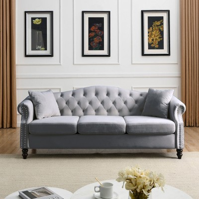 79' Chesterfield Velvet Tufted 3 Seater Sofa with Rolled Arms & Nailhead Trim for Living Room Bedroom Apartment-Baofuwish