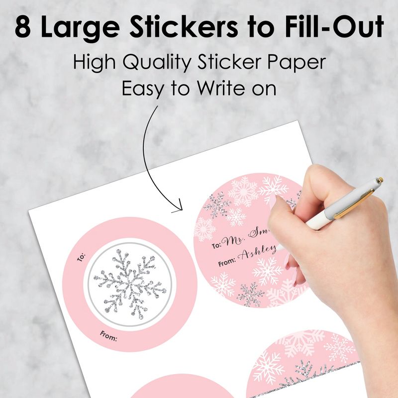 Big Dot of Happiness Pink Winter Wonderland - Round Holiday Snowflake Birthday Party and Baby Shower To and From Gift Tags - Large Stickers - Set of 8, 5 of 8