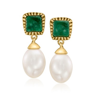 Ross-Simons 8.5-9mm Cultured Pearl and 2.80 ct. t.w. Emerald Drop Earrings in 18kt Gold Over Sterling