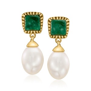Ross-Simons 8.5-9mm Cultured Pearl and 2.80 ct. t.w. Emerald Drop Earrings in 18kt Gold Over Sterling - 1 of 3