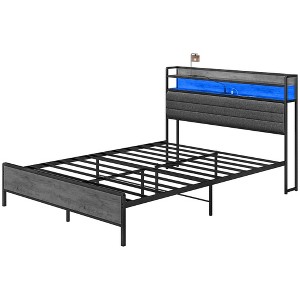 Queen Size Bed Frame with Storage Upholstered Headboard, Queen Bed Frame with LED Lights, Charging Station - 1 of 4