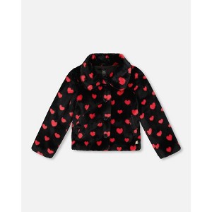 Deux par Deux Girl Faux Fur Short Coat Black and Red with Hearts - 1 of 4