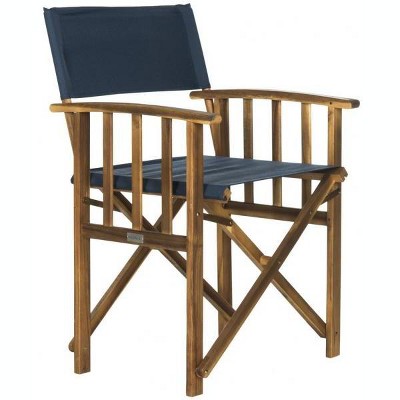 Natural Teak Brown and Navy Acacia Wood Director Arm Chairs, Set of 2