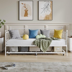Daybed with Trundle, Sturdy Metal Twin Bed Frame with Stylish Headboard, Steel Slat Support Sofa Bed for Living Room, Bedroom and Guest Room - 1 of 4