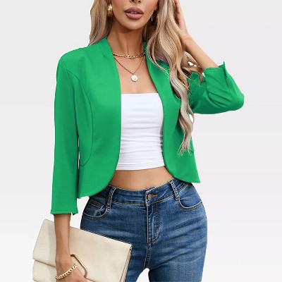 Womens 3/4 Sleeve Blazer Jacket Open Front Cropped Business Blazer Figure Flattering Jacket Pelplum Jackets