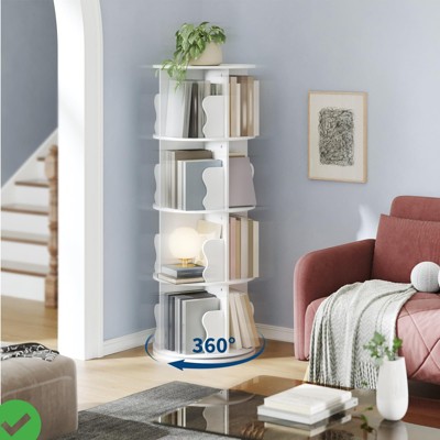 4-Tier Rotating Bookshelf Tower ¨C 360¡ã Spinning Corner Bookcase, Vertical Spiral Wood Storage Shelf Organizer, Space-Saving Design, White