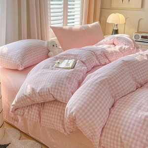Pink White Plaid Duvet Cover Set with Pillow Shams, 3pcs Soft Microfiber Farmhouse Bedding - 1 of 4