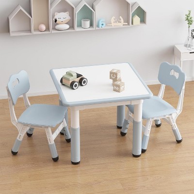 Kids Table and 2 Chairs Set, Height Adjustable Toddler Table and Chair Set for 2, Graffiti Desktop, Non-Slip Design, Children Table Gray Blue