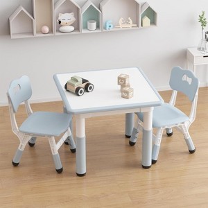 Kids Table and 2 Chairs Set, Height Adjustable Toddler Table and Chair Set for 2, Graffiti Desktop, Non-Slip Design, Children Table Gray Blue - 1 of 4