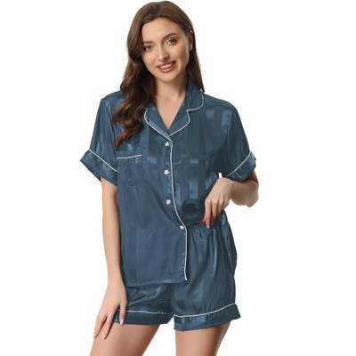 cheibear Women's Satin Button Down Short Sleeve and Shorts Pajama Set