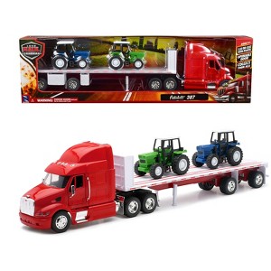 Peterbilt 387 Flatbed Truck Red with 2 Farm Tractors Blue and Green "Long Haul Trucker" Series 1/32 Diecast Model by New Ray - 1 of 3