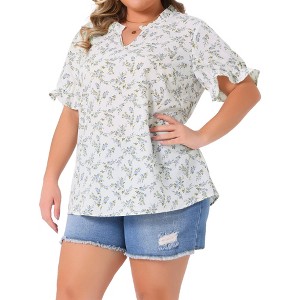 Agnes Orinda Women's Plus Size Summer Floral V Neck Ruffle Puff Short Sleeve Casual Blouse - 1 of 4