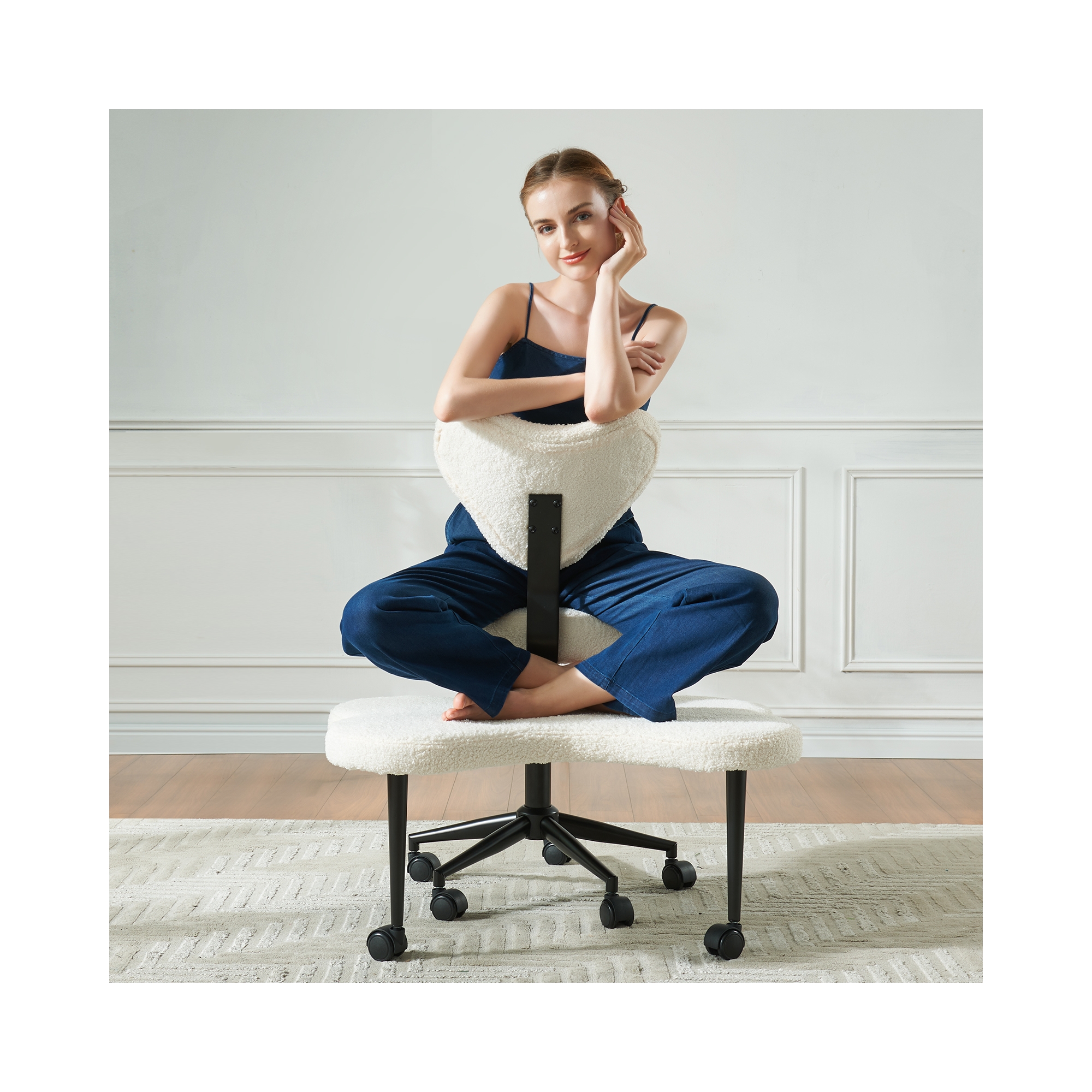 Pinmoco Ergonomic Cross Legged Office Chair, Height Adjustable Meditation Chair, 360° Swivel, Lumbar Support, Desk Chair for Home Office, Off-White