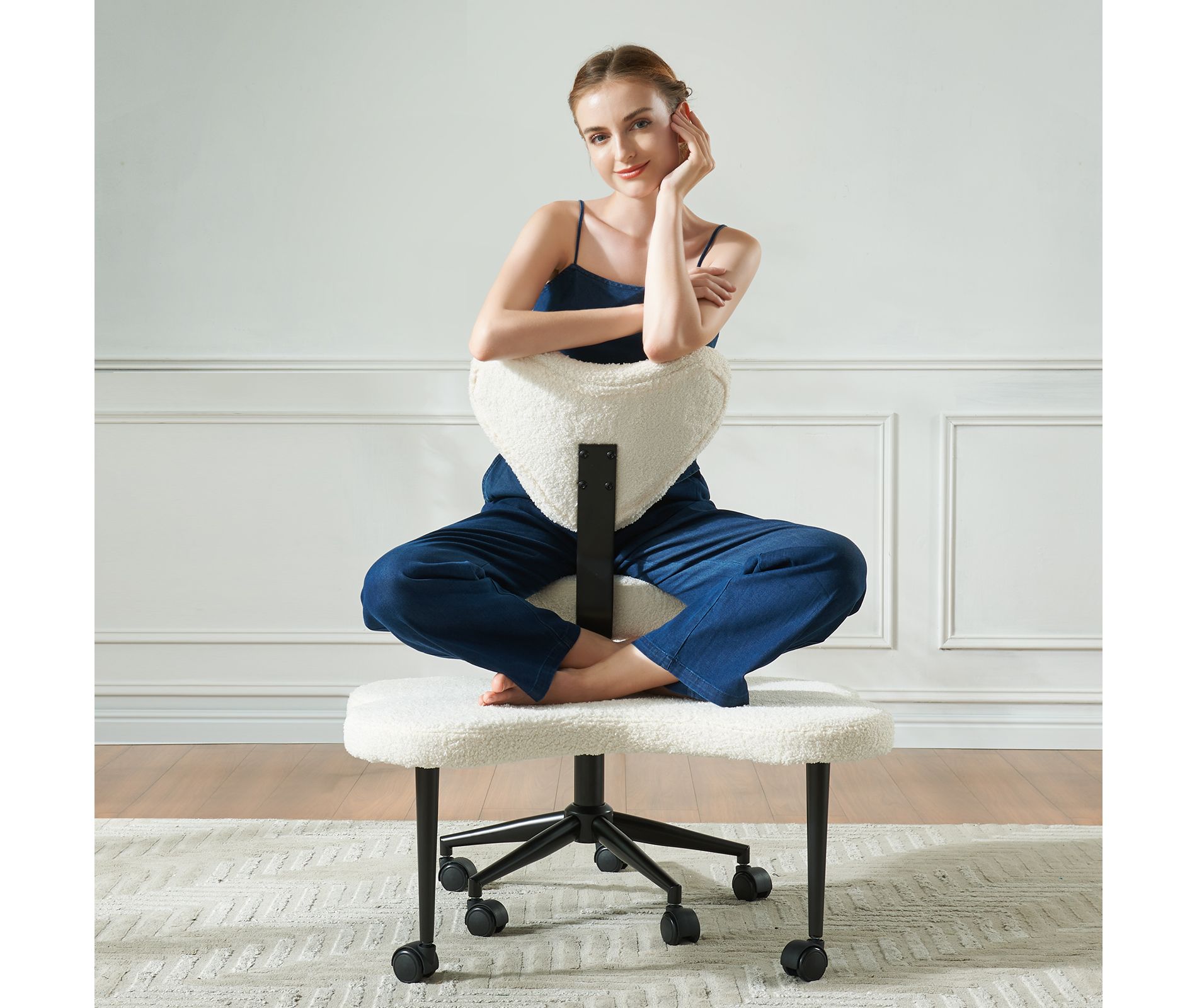 Pinmoco Ergonomic Cross Legged Office Chair, Height Adjustable Meditation Chair, 360° Swivel, Lumbar Support, Desk Chair for Home Office, Off-White