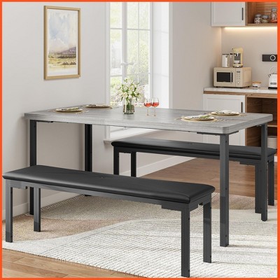 Homhougo Dining Table Set for 4, Kitchen Table with 2 Upholstered Benches, 3-Piece Kitchen Table Chairs Set of 4