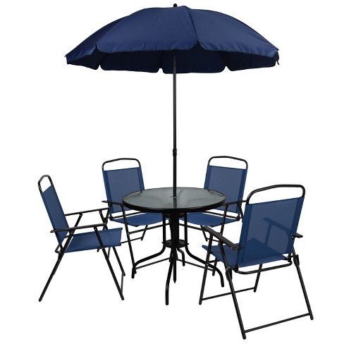 Hanover Lavallette Black Steel 5-Piece Outdoor Dining Set with Umbrella,  Base and Ocean Blue Cushions-LAVDN5PC-BLU-SU - The Home Depot