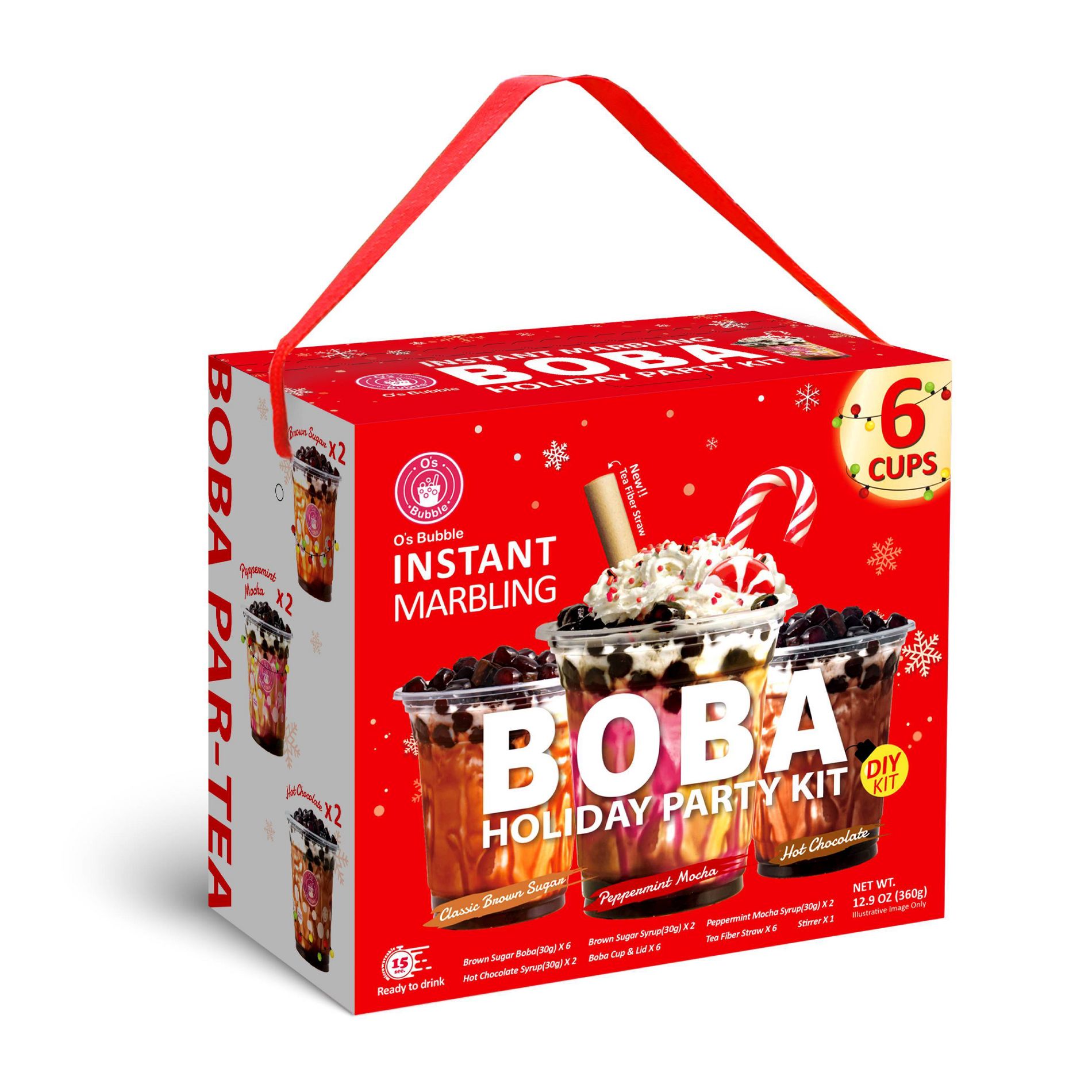 O's Bubble Brown Sugar Peppermint and Hot Chocolate Flavored Holiday Party Boba Tea Kit - 12.9oz/6ct