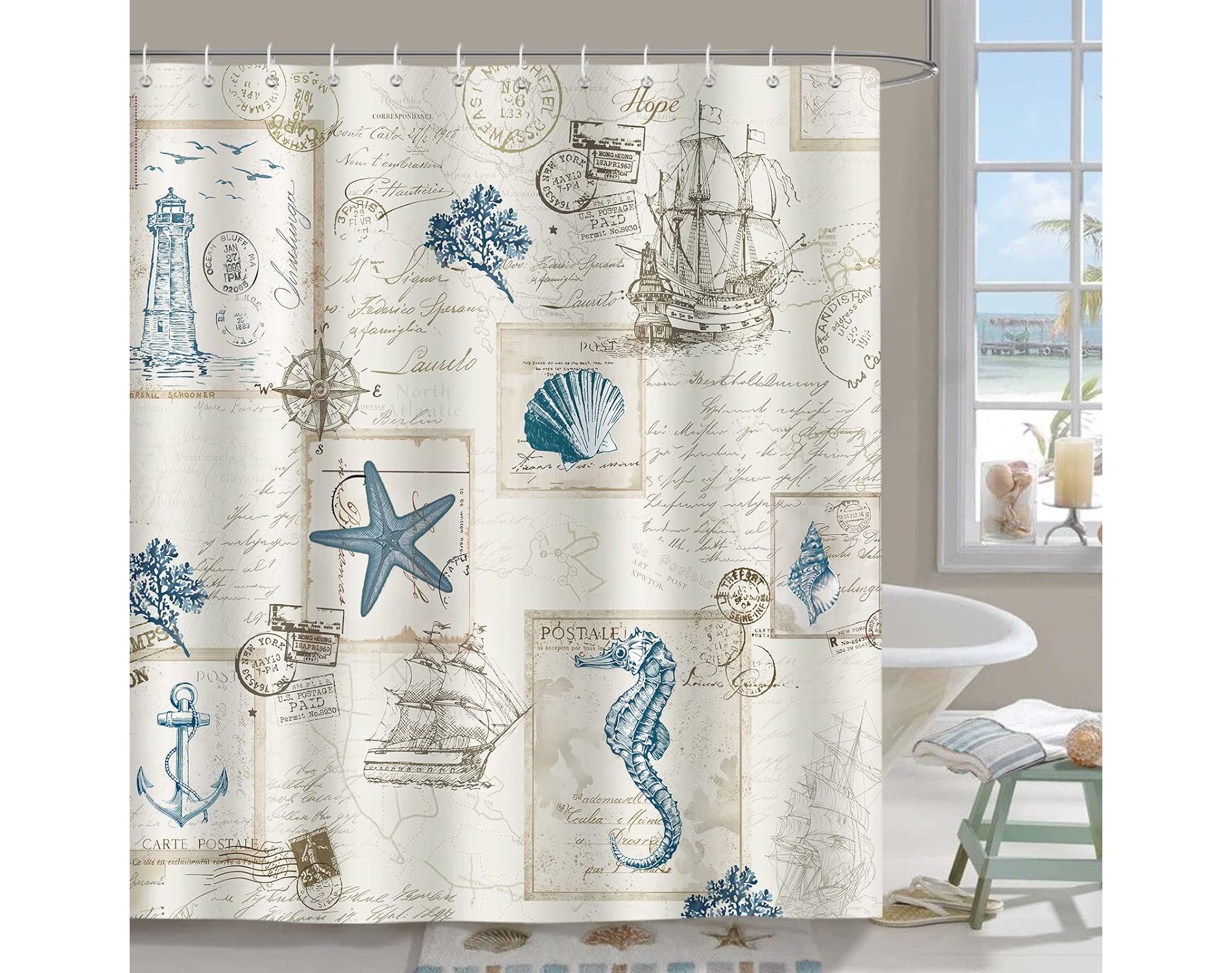 Nautical Coastal Shower Curtain, Vintage Ocean Beach Seashell Seahorse Lighthouse Bathroom Decor 70.8x70.8 Inch