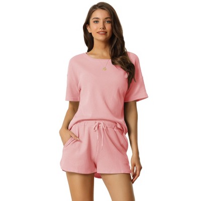cheibear Women's Casual Pullover Short Sleeve Sleepshirt with Shorts Waffle Pajama Sets