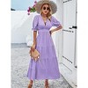 Women's Summer A Line Deep V Neck Dress Short Lantern Sleeve Ruffles Swing Midi Dress with Belt - 3 of 4