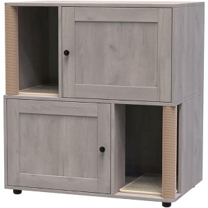 Double Litter Box Enclosure for 2 Cats - 2-Tier Wooden Cabinet w/Scratching Posts & Mats, Corner Cat Washroom/Bed - 1 of 1