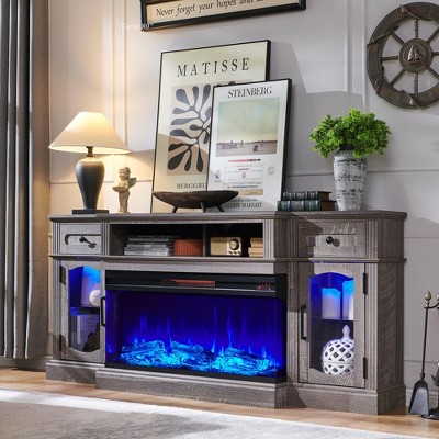 SinCiDo Farmhouse 70" Fireplace TV Stand, for 80" TV, Entertainment Center w/ Fireplace, Remote Control, 3 Types 3D Flames, Storage Cabinet & 2 Drawer