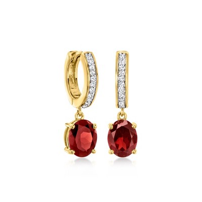 Ross-Simons 4.00 ct. t.w. Garnet and .25 ct. t.w. Lab-Grown Diamond Hoop Drop Earrings in 18kt Gold Over Sterling