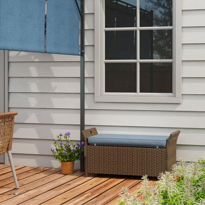 Dark Blue PE Rattan Wicker Outdoor Storage Bench with Cushion