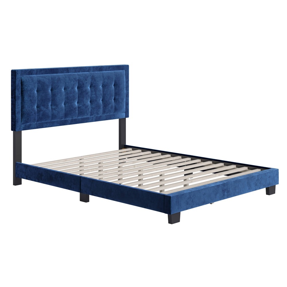 Photos - Bed Full Tobias Velvet Button Tufted Upholstered Platform  Frame Blue - Eco