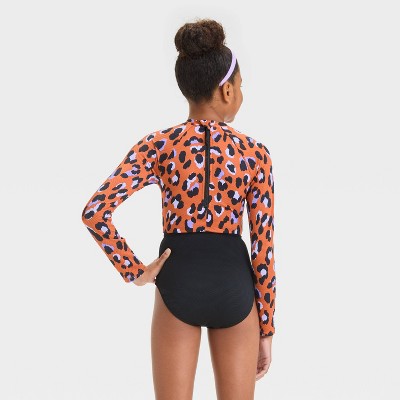 Art Class Girls' Hand Drawn Cheetah Printed One Piece Swimsuit - art class™ L: Long Sleeve, UPF 50+, Animal Print, Recycled Polyester — фото 2