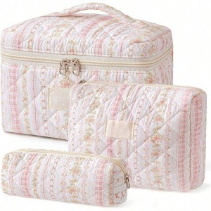 Cute Floral Quilted Makeup Bag Set (3PCS) - Travel Cosmetic & Toiletry Organizer - 1 of 4