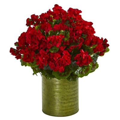 Nearly Natural 20-in Geranium Artificial Plant in Metal Planter UV Resistant (Indoor/Outdoor)