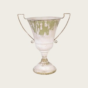 Rustic Shabby Chic Metal Trophy Planter with Handles, Vintage Pedestal Flower Pot, Aged Green & White Distressed Finish - 1 of 4