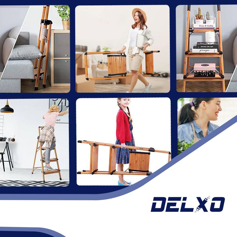 Delxo Portable Collapsible Lightweight Aluminum 3 Step Stool Step Ladder with Long Handrails and Safety Latch Mechanism, Woodgrain Finish, 6 of 8