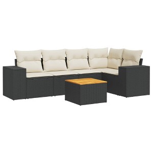 vidaXL 6 Piece Patio Sofa Set with Cushions Black Poly Rattan - Black and Cream 2x Middle + Table + Corner - 1 of 4