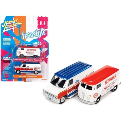 1965 Volkswagen Type 2  Van White w/ Red Top & 1976 Ford Econoline White w/Graphics 1/64 Diecast Model Cars by Johnny Lightning
