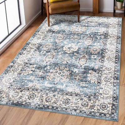 Washable Vintage Area Rug, Distressed Ultra-Thin Non-Slip Low Pile Stain Resistant Carpet for Living Room, Bedroom