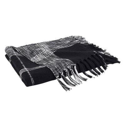 Black and White Cotton Plaid Throw Blanket with Fringe