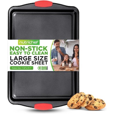 NutriChef Large Cookie Sheet - Deluxe Nonstick Gray Coating Inside & Outside With Red Silicone Handles