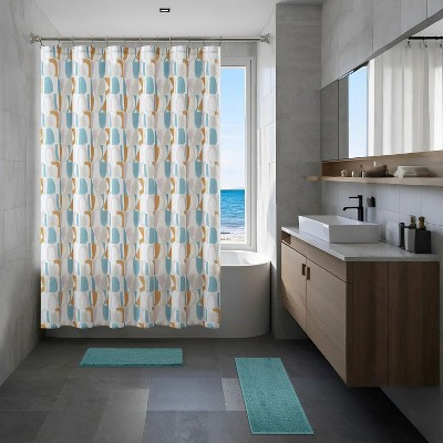 LunaLulinlk 15 Piece Shower Curtain, Blue/Yellow Geometric