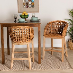 bali & pari Mario Modern Bohemian Natural Brown Finished Teak Wood and Rattan 2-Piece Counter Stool Set - 1 of 4