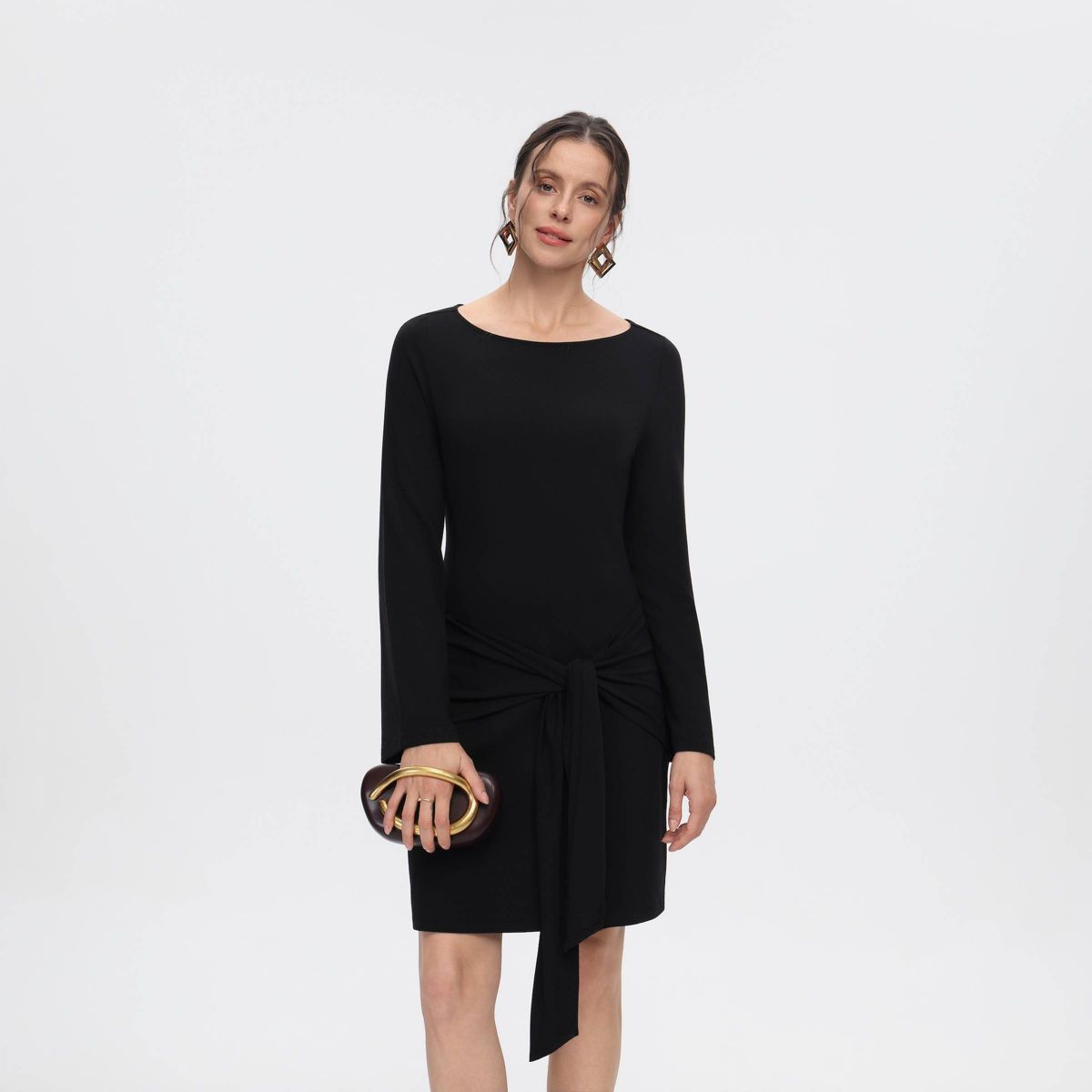 Women's Bell Long Sleeve Fitted Knit Waist Tie Mini Dress - A New Day™