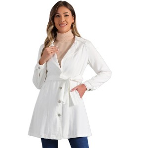 Allegra K Women's Notched Lapel Belted Trench Long Denim Jacket - 1 of 4