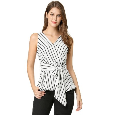 Allegra K Women's Sleeveless V Neck Tie Waist Asymmetric Hem Wrap Peplump Tops