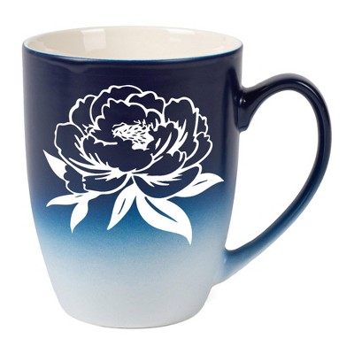 Elanze Designs Botanical Floral Nature Coffee Cup Mug 12 Ounce Ceramic With Ombre Gradient Elegant Minimalist Peony Flower Silhouette Navy Blue and